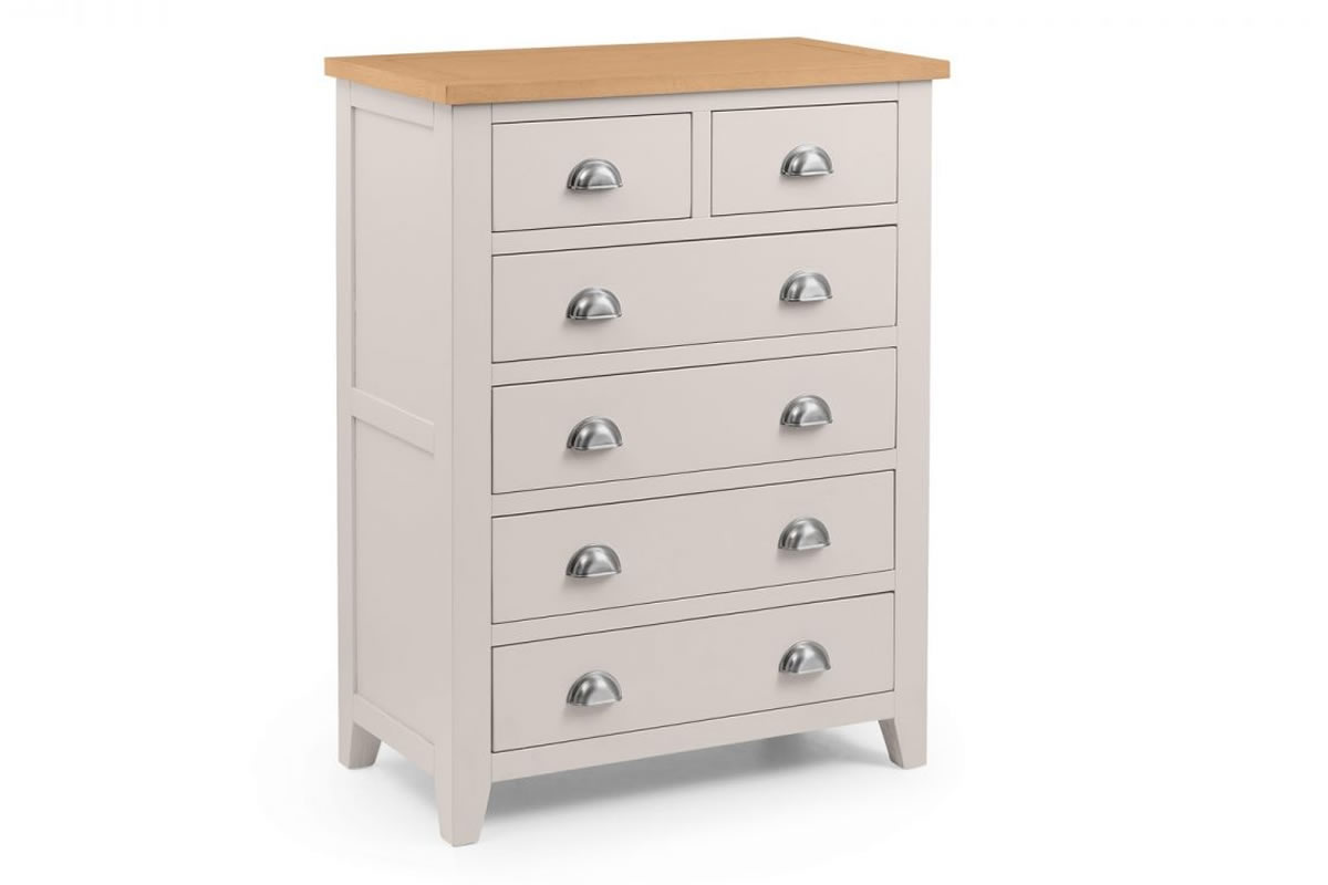 View Painted Light Grey With Oak Top 42 Wide Chest Of Drawers Lacquer Finish Chrome Cup Handles Solid Wood Drawers Richmond Range information