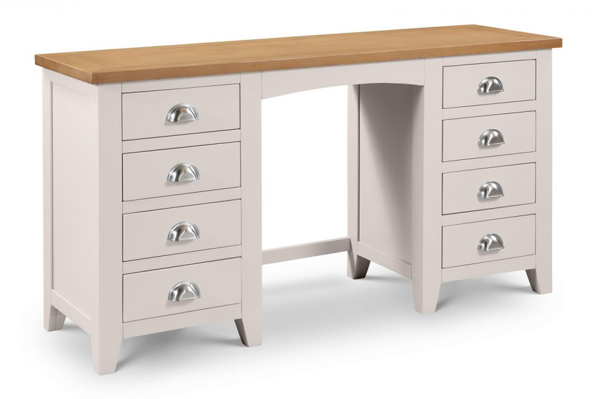 View Painted Light Grey Twin Pedestal Dressing Table Eight Easy Glide Storage Drawers Chrome Cup Pull Handle Solid Oak Top Richmond Furniture Range information